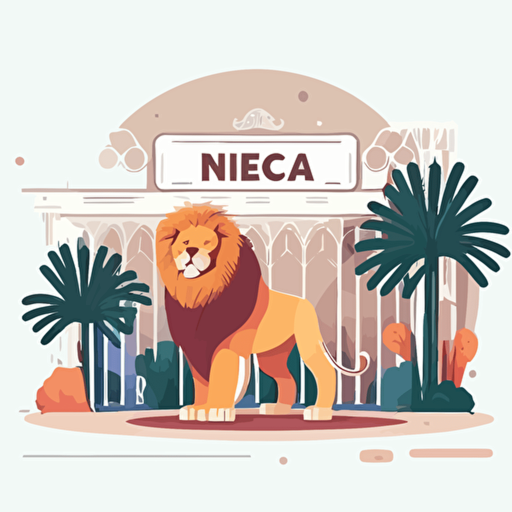 panoramic shot, lion in zoo, majestic, children's book disney style, flat colors, 2d, vector, white background