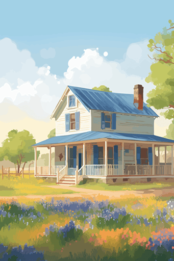 texas farmhouse in spring, wrap around porch, cozy and sweet, bright light, colorful, bluebonnets, vector art, concept art