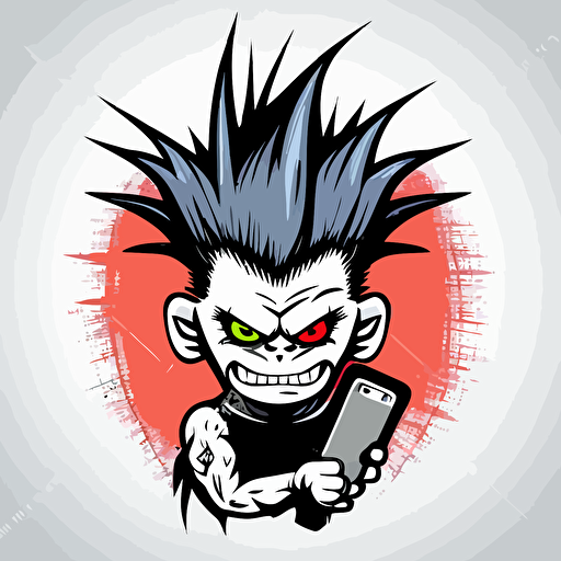 punk rock troll on a smart phone, vector logo, vector art, emblem, simple cartoon, 2d, no text, white background