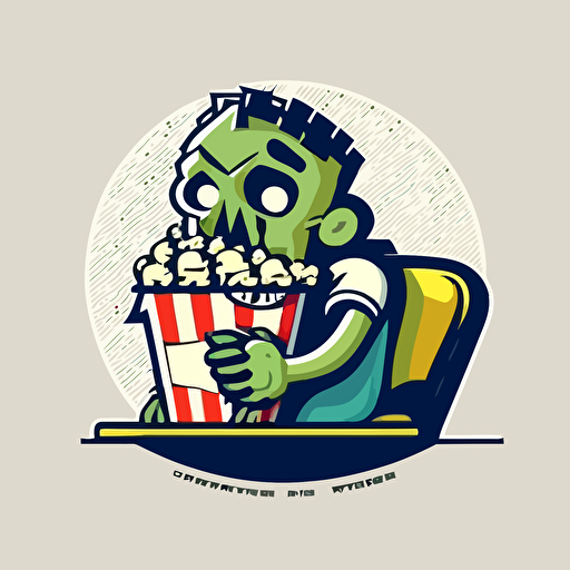 zomie in a crowded theater eating popcorn, vector logo, vector art, emblem, simple cartoon, 2d, no text, white background