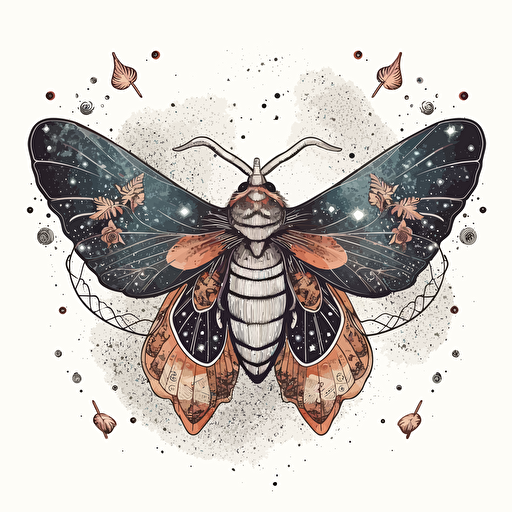 a beautiful moth with a surrounding stars and planets design in detailed drawing style + simple vector + pastel colors on a white background