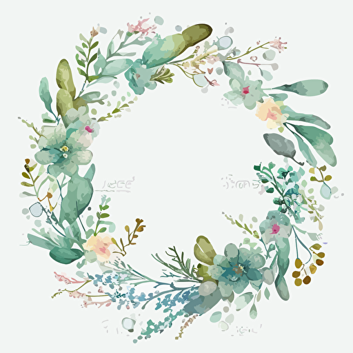 top view watercolor rustic flower circle wreath vector, white background