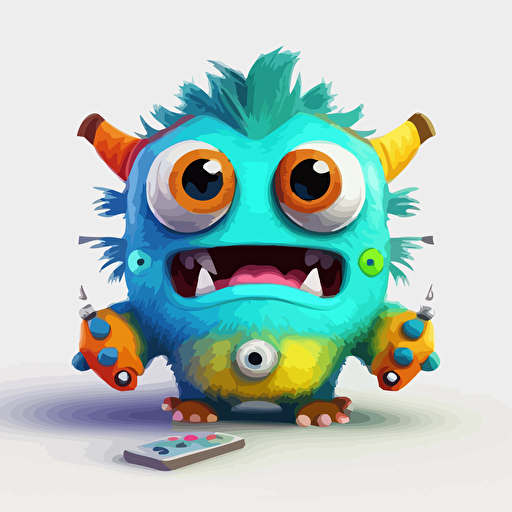 A saturated colorfull baby fur gamer monster, goofy looking, smiling, white background, vector art , pixar style