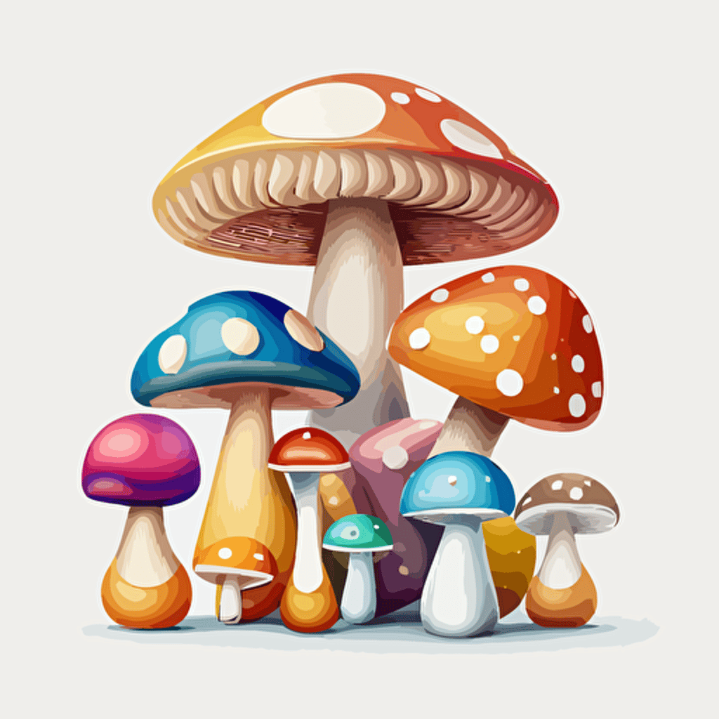 illustrated group of mushrooms, magical, vector art, morandi colours, isolated white background