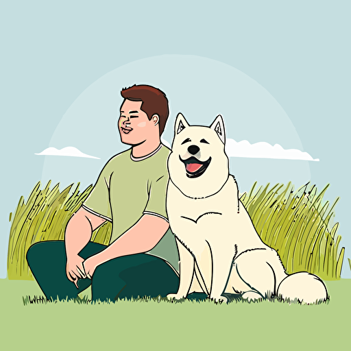 man sitting on grass and hugging a cute happy cream color akita-inu dog, beautiful background, cartoon, vector style, cute, colorful,
