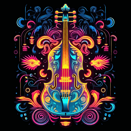 a violin, surrounded by elegant musical motifs, 2d vector, neon colours, epic composition, vector design on the edges of the image