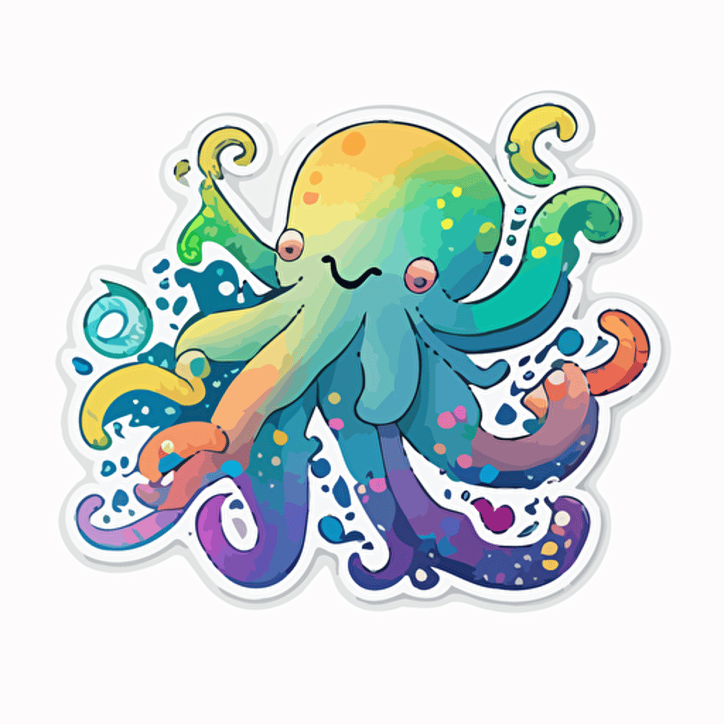 Octopus, Sticker, Joyful, Flashy Colors, Anime, Contour, Vector, White Background, Detailed