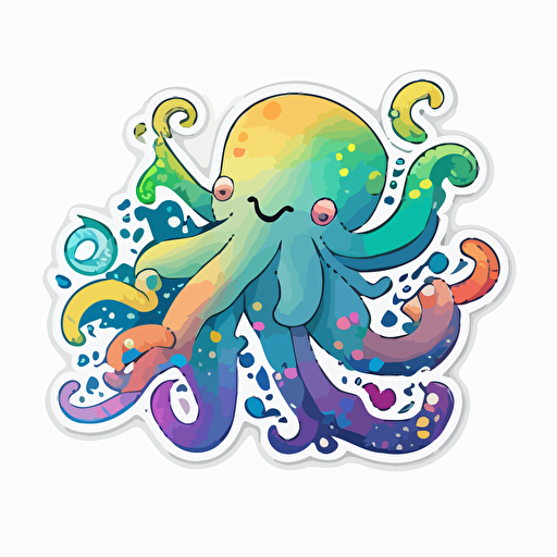 Octopus, Sticker, Joyful, Flashy Colors, Anime, Contour, Vector, White Background, Detailed