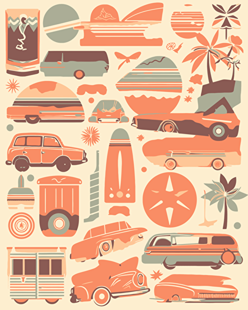 vacation vibes motif, retro aesthetics, classic patterns, vector image, sticker design, pantone color scheme: 12-1706 TCX, 12-0824 TCX, 15-0146 TCX, 15-1164 TCX, 16-6340 TCX, 17-4247 TCX, 18-2043 TCX, 19-6026 TCX. The final piece should exude a warm, holiday-like ambiance.