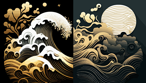 Ocean wave and cloud , Vector, Cool color pallette | Gold | white | black, Style of Thai traditional art.