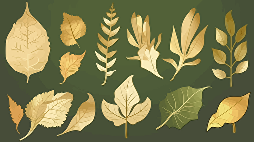 flat image, leaves set, green, beige, gold, vector