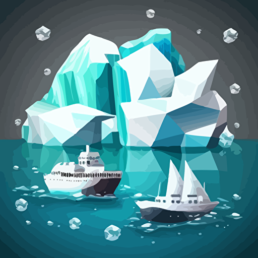 Multiple icebergs, one sinking ship from hitting an iceberg, another ship with a hexagon logo on it, in the ocean, vector image