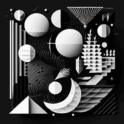 A flat black and white vector composition of geometric patterns and shapes