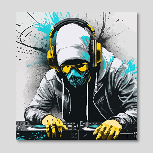 scratch dj with neon mask technics 1210s, urban graffiti style, banksy stencil, design, 2d, vector, white wall