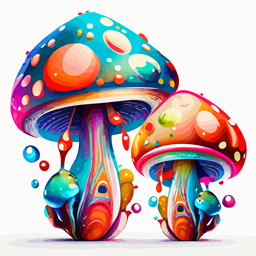 two illustrated mushroom, fantastical, magical, vector art, vivid colours, isolated white background
