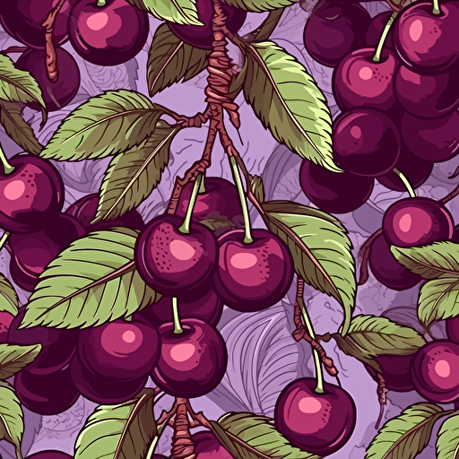 Peruvian Cherry illustration, epic composition, 2d vector, purples, seamless pattern