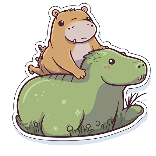 sticker, a capibara riding on an alligator, cartoon, vector, contour, white background