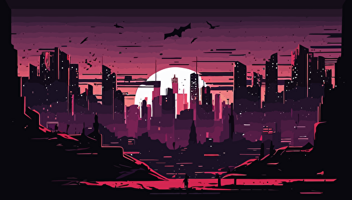 city skyline, close up view, on top of city rooftops, animated video background , 2d comic style art, wide roof tops in the foreground close to each other in distance, vector, red and purple hue night sky,