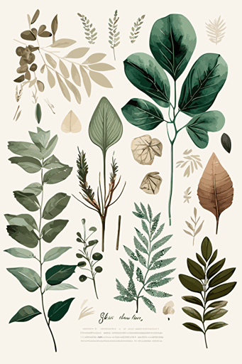 beige and forest green watercolour botanical illustration, vector