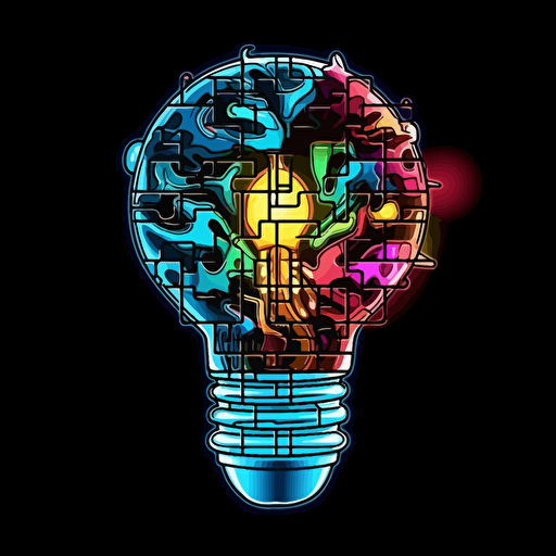 poeple putting a puzzle in the shape of a light bulb together, neon, anime, contour, vector, black background, detailed