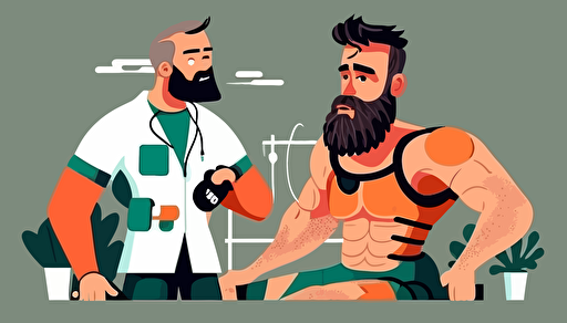 bearded handsome physical therapist working with cycling athlete, genndy tartakovsky artstyle, Hayao Miyazaki, 2d flat vector art,