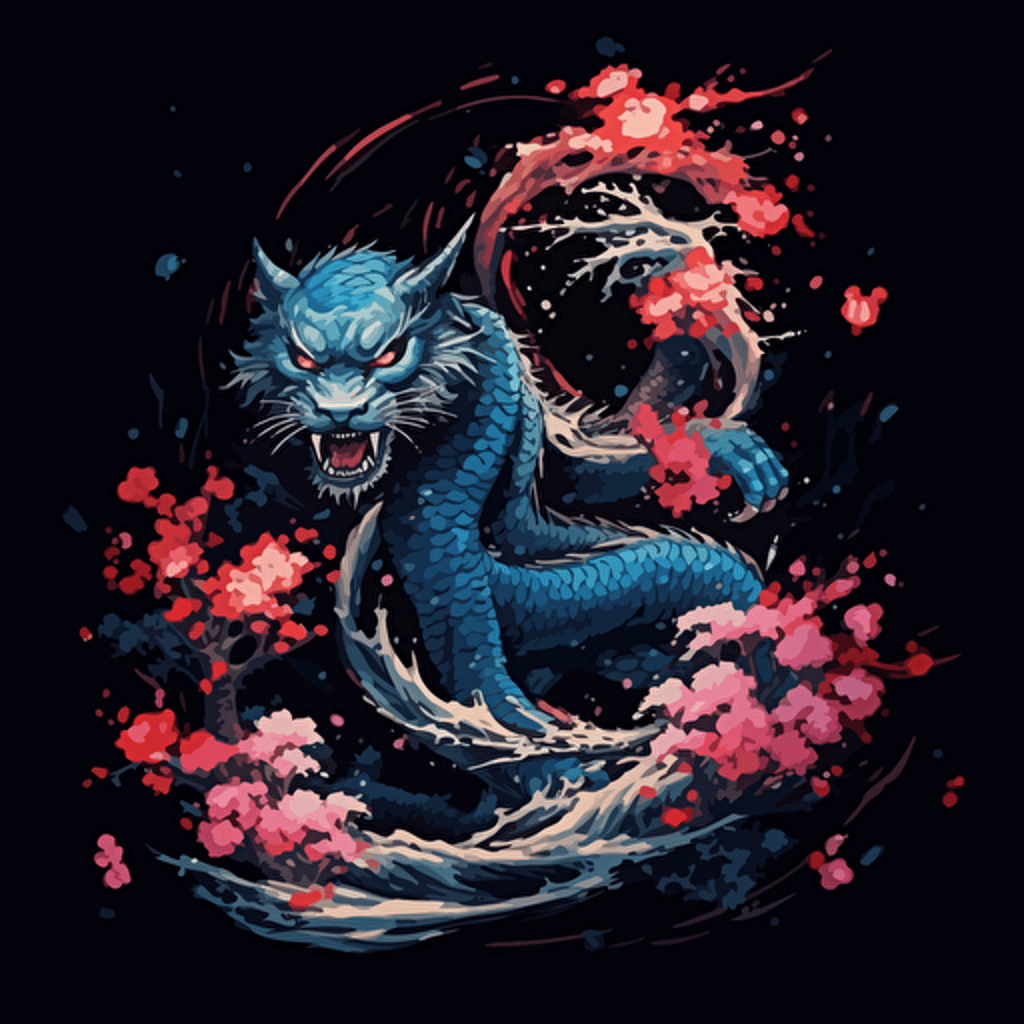 blue Chinese style dragon fighting a giant tiger. Asian style art. High detail. Paint splatter. Drips. Over spray. Cherry blossoms. Vector image. Drawing. Black background.