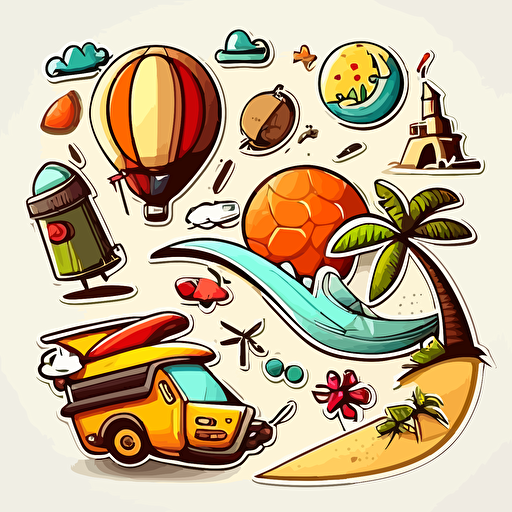 crazy funny beach activities:sticker,illustration ,vector ,cartoon style