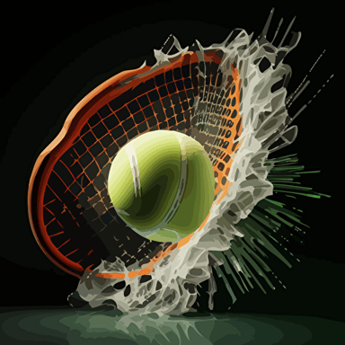 3-D vector image of a tennis ball coming out of tennis racket breaking the strings just like this, illustration, vector style, hyperdetailed