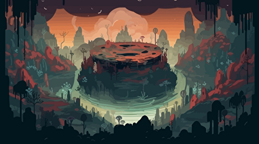 an impact site from a crash-landed ship on a foreign jungle planet in the middle of a forest, slightly dark, mysterious, birds-eye view of crater surrounded by foreign flora, flat vector illustration