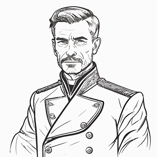 vector illustration line drawing in slightly anime style of clothed naval ship captain smirking optimistically into distance, waist up 3/4 view