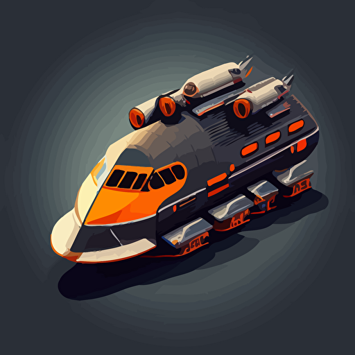 futuristic hauler space ship, rounded features, top down, isometric, orange and grey, black background, minimalistic, vector