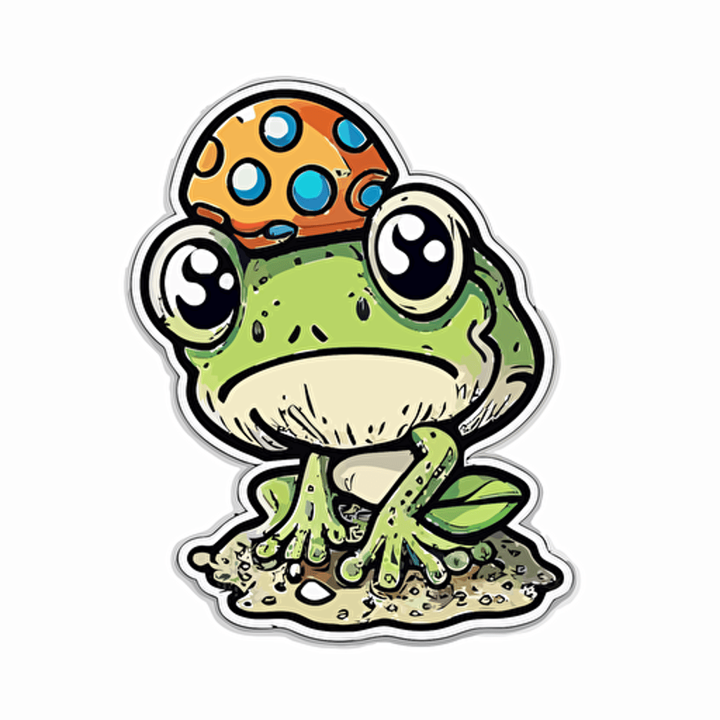 cute frog with toad stools, Sticker, Adorable, Textured, Minimal, Contour, Vector, White Background, Detailed