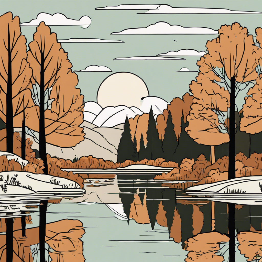 Peaceful lake reflecting autumn trees, illustration in the style of Matt Blease, illustration, flat, simple, vector