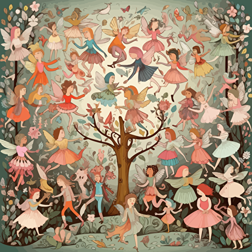 design of many fairies flying around an enchanted forest, cute, whimsical, for kids, in pastel hues, highly detailed, vector