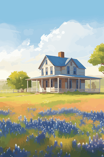 texas farmhouse in a field of bluebonnets, wrap around porch, cozy and sweet, bright light, colorful, summer day, vector art, concept art