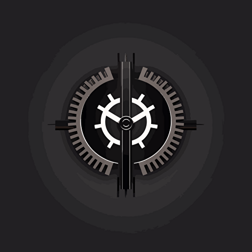 create a simple logo with a single gear in the middle and two gates surrounding the gear, mirror images of each other, vector, minimalistic