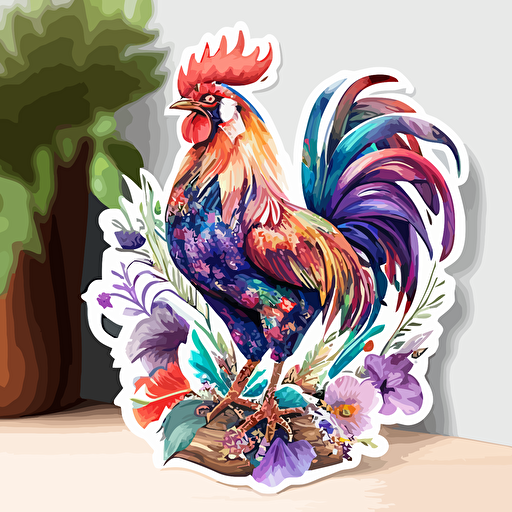 rooster made of watercolor flowers, Sticker, Cheerful, Earthy, Digital Art, Contour, Vector, White Background, Detailed