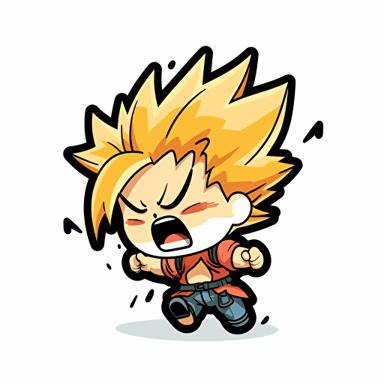 Vector illustration of a baby cloud strife from final fantasy running and screaming in the style manga, fire, bright colors, manga, minimalistic, solid white background, final fantaisy, kiss cut sticker