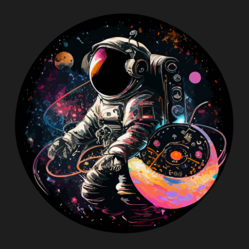 a dj astronaut with a galaxy pattern vinyl record on black background, 2d vector