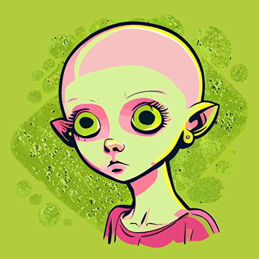 vector,pink,light green, bald girl, extremely big eyes