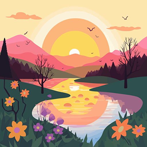 vector illustration of a peaceful river, flowers in front, trees along the bank, and the sun setting over mountains in the distance