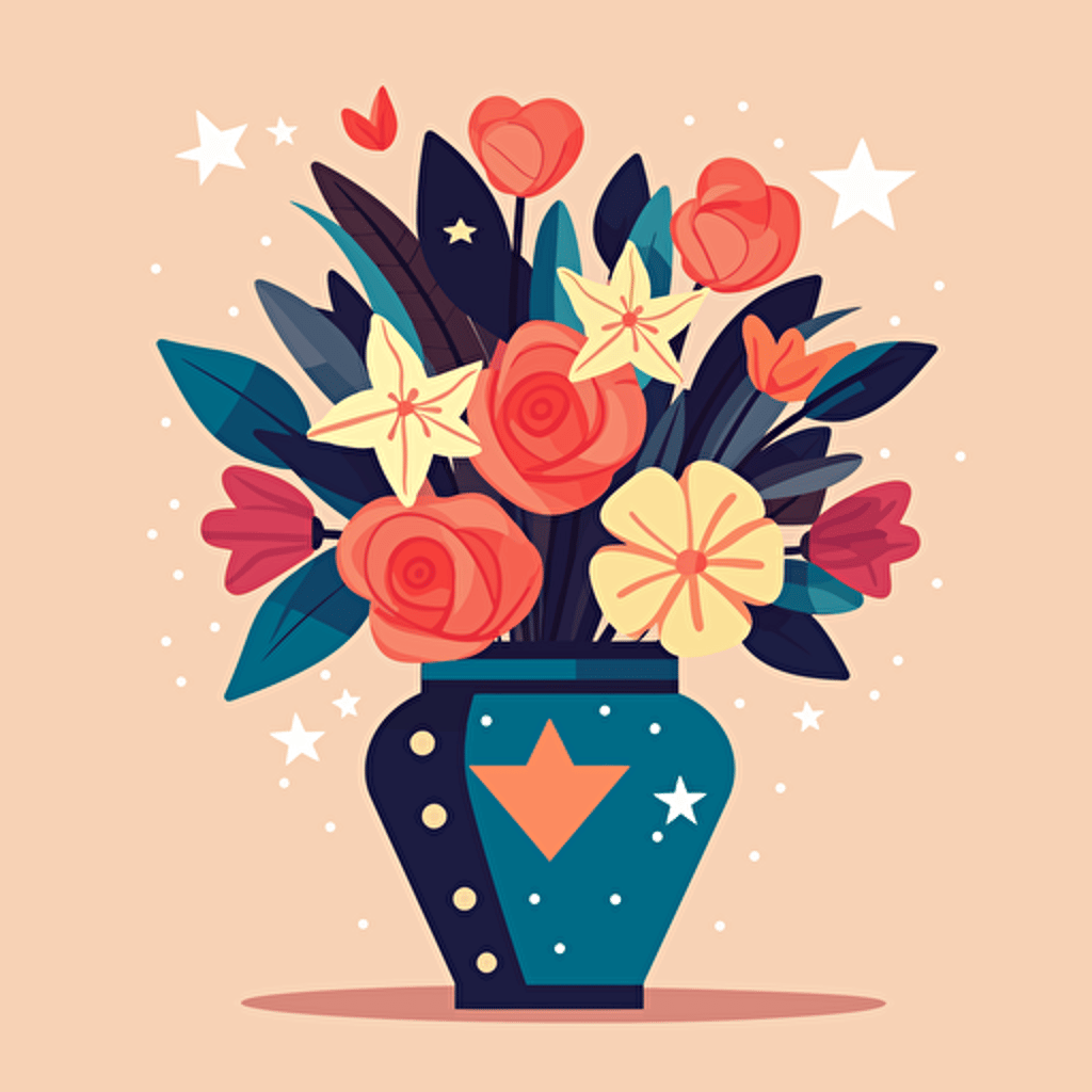 bouquet of Valentine's flowers in a vase decorated with the Texas star. Vase had a mysterious arrows in it in a vector art cartoon style, flat color, solid background