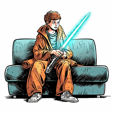 young luke skywaker in jedi robes holding a lit lightsaber, on a psychiatrists couch looking worried and confused, comic book style vector drawing white background