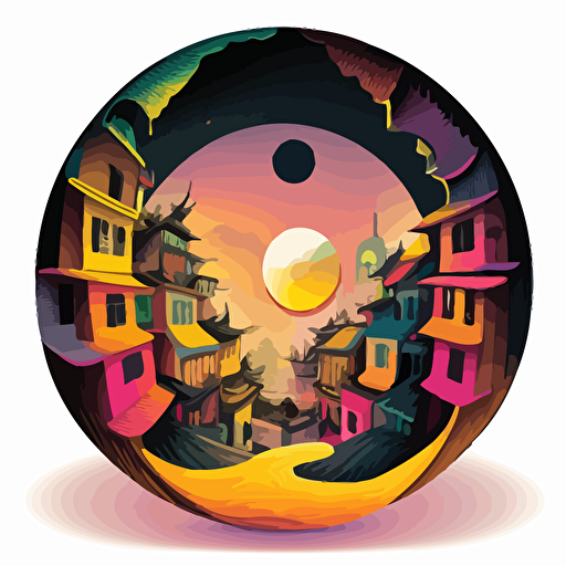 colorful vector art, asian city in a worm hole