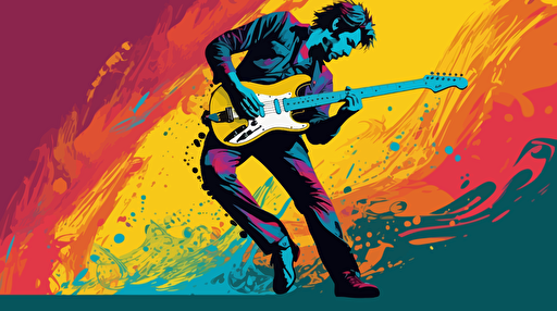 vector illustration of a guitar player dancing around in vivid colors