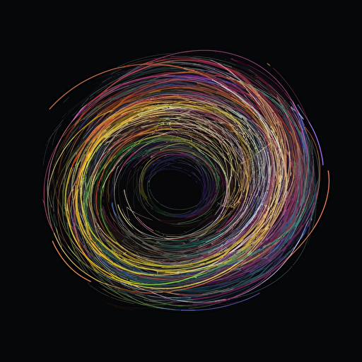 earth on black background, 2d vector, spiral light trails, purple, yellow, white, orange, green and pastel colors