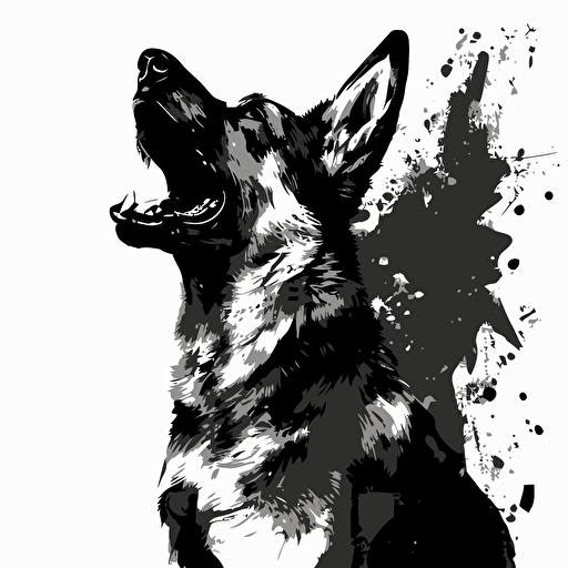 aggressive german shepard dog barking silloutte + black and white + vector