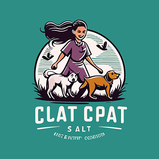 Clean pet care company logo, vector style, including the siluethe of a female veterinary with dogs running around her