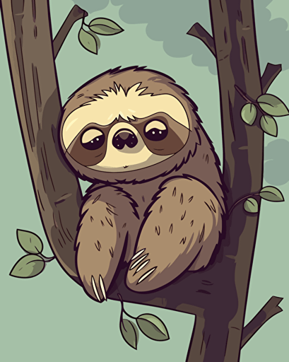 vector illustration sad and cute of a sloth hanging from a tree branch, cartoon style