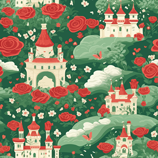 Red Castle Of Princess Fantasy Flying Palace In White Magic Clouds Mexican Princess Girl Fairytale Royal Heaven Palace Cartoon Magical Rainbow Roses Vector Illustration green white